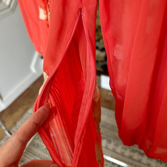 Free People Red Orange Sheer Chiffon Dress Lace Trim Ribbon Belt Womens Size 0 - Picture 12 of 16